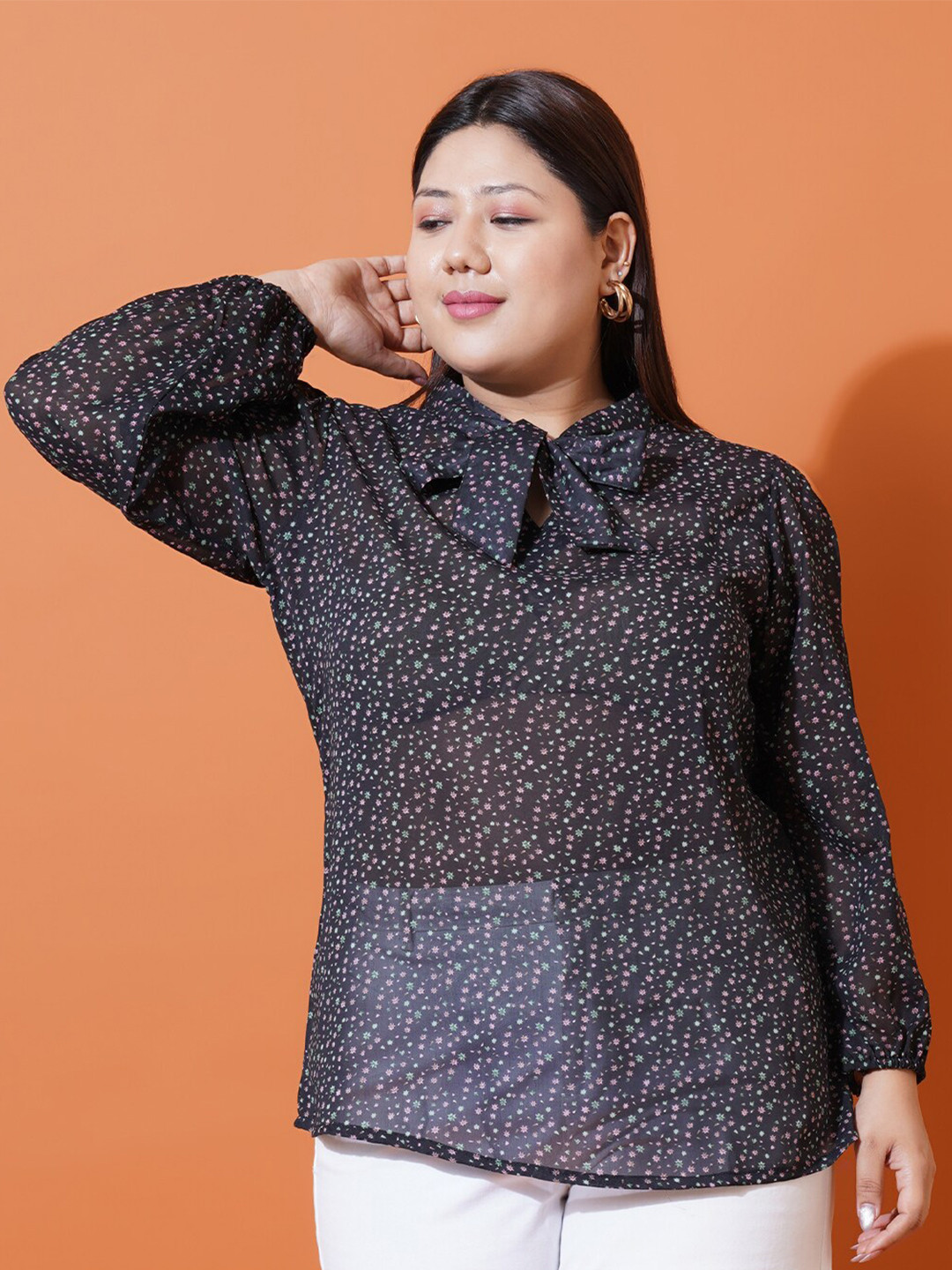U&F Beyond Plus Size Floral Printed Tie-Up Neck Puffed Sleeves Georgette Top