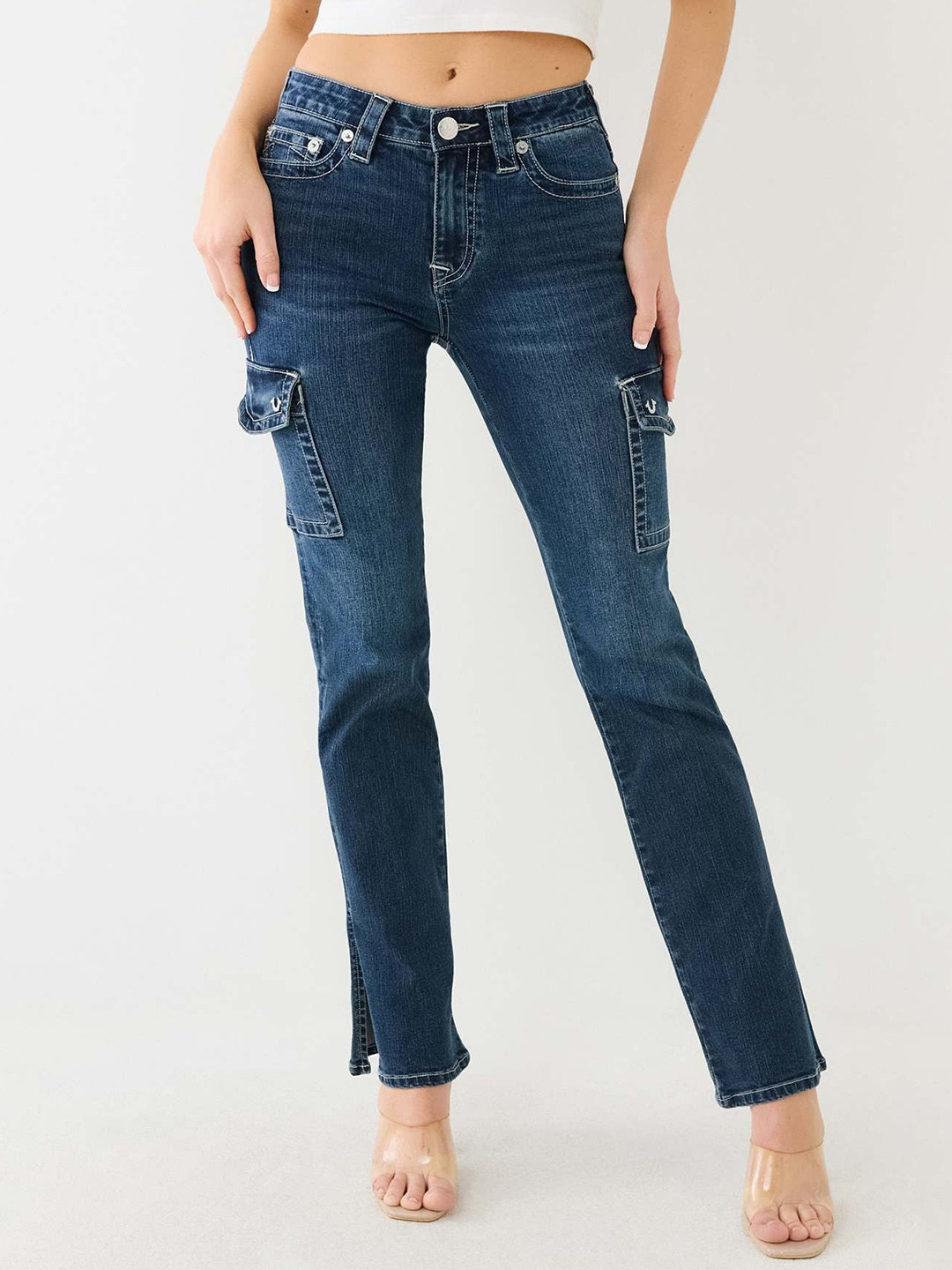 True Religion Women Slim Fit Light Fade Stretchable Cargo Jeans