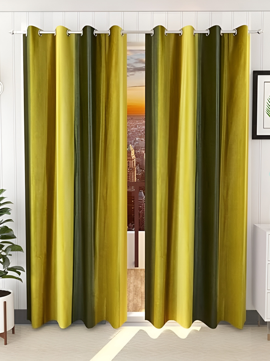 Shopgallery Green & Yellow 2 Pieces Colourblocked Room Darkening Long Door Curtains