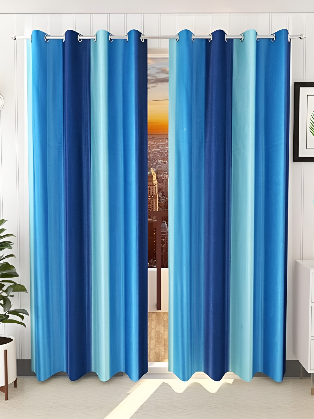 Shopgallery Blue 2 Pieces Colourblocked  Room Darkening Long Door Curtains