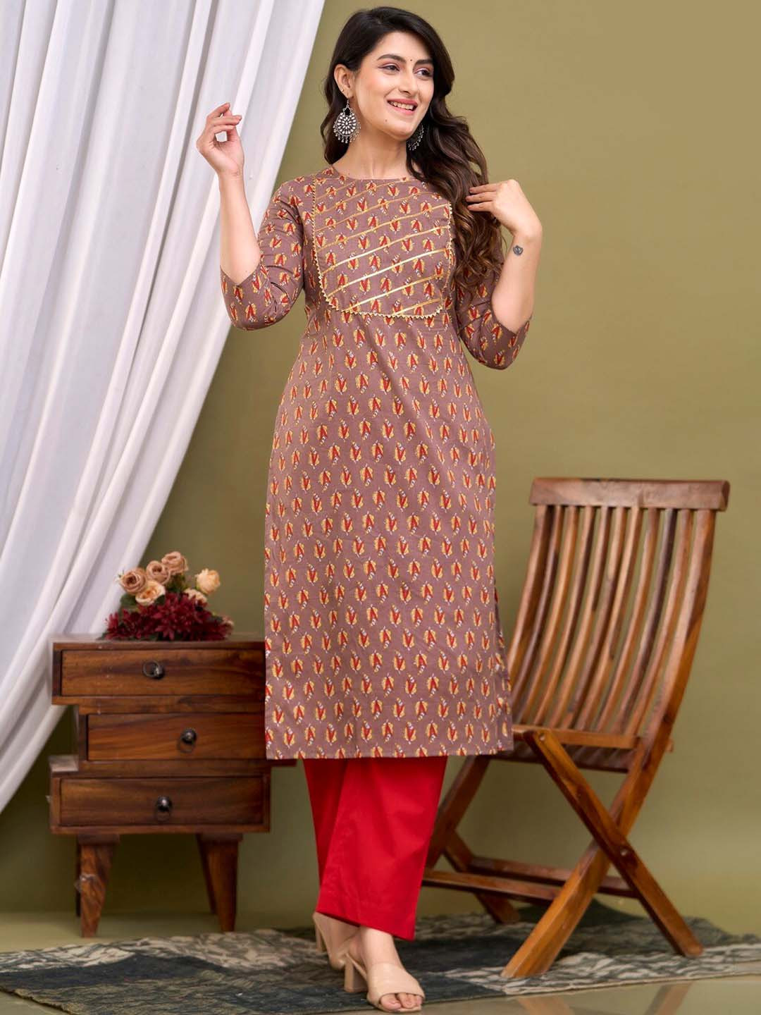A&K Ethnic Motifs Printed Regular Gotta Patti Pure Cotton Kurta With Trousers
