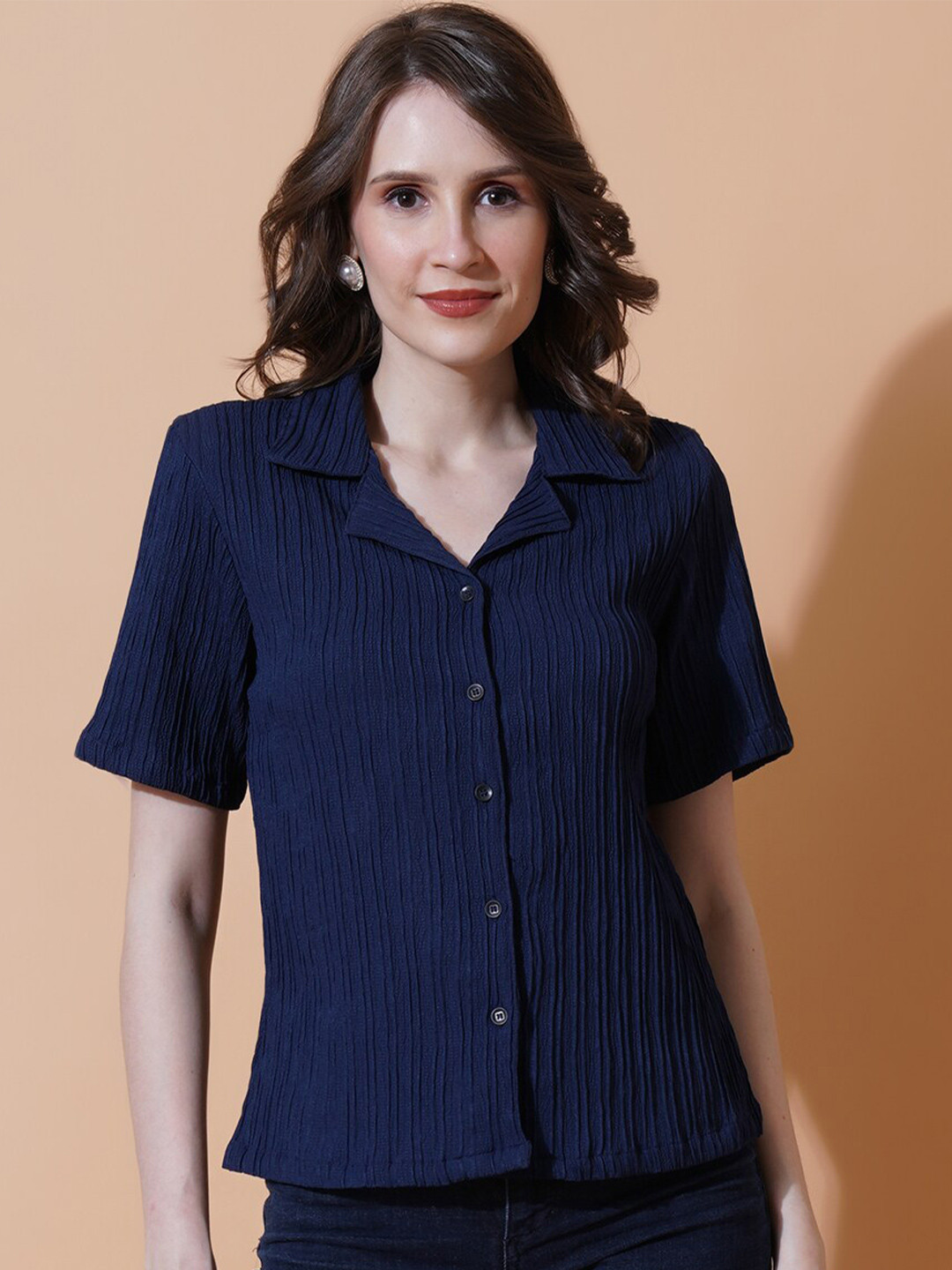 U&F India Slim Navy Blue Cuban Collar Slim Fit Opaque Striped Casual Shirt