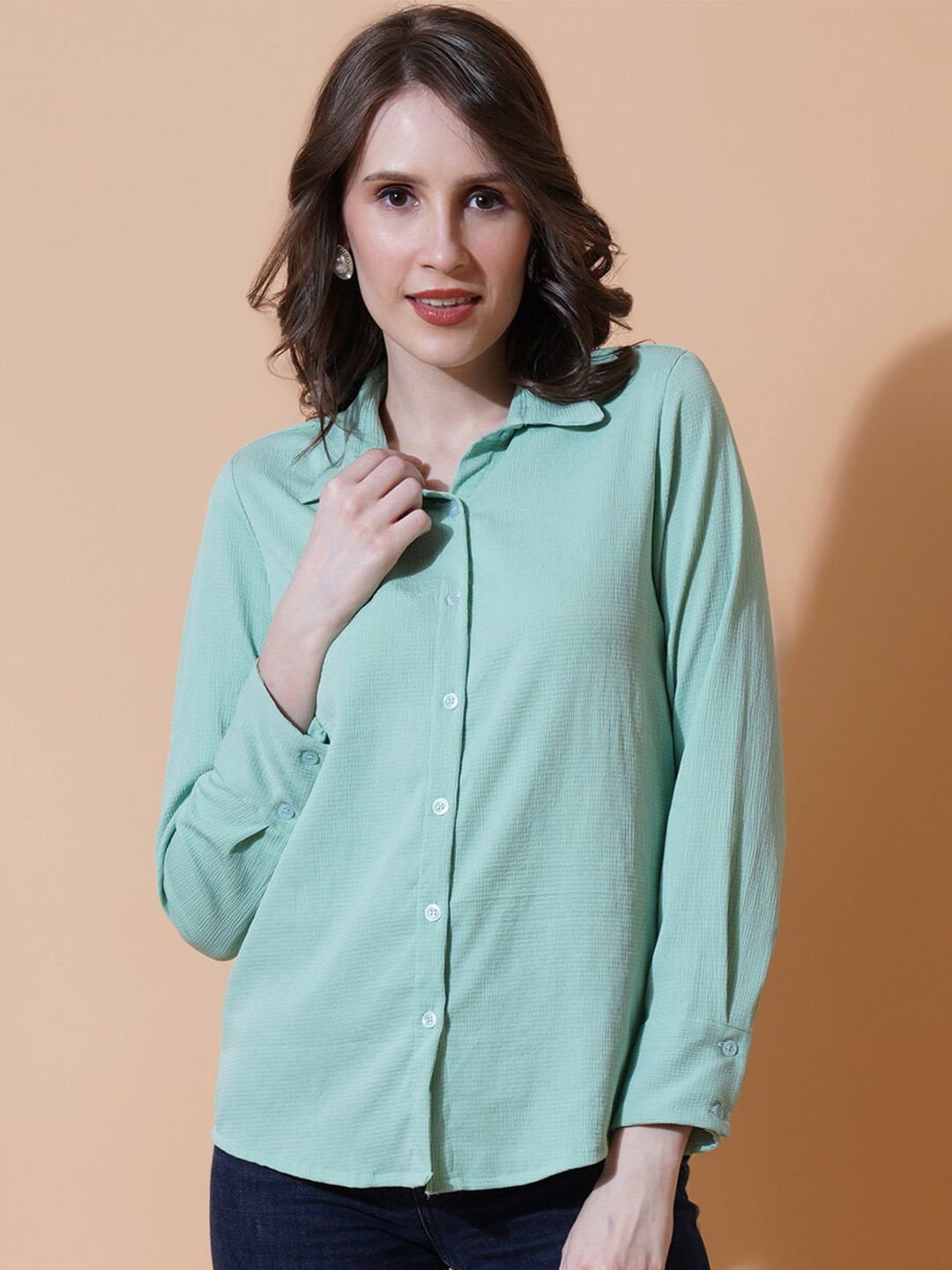 U&F India Slim Sea Green Slim Fit Opaque Casual Shirt
