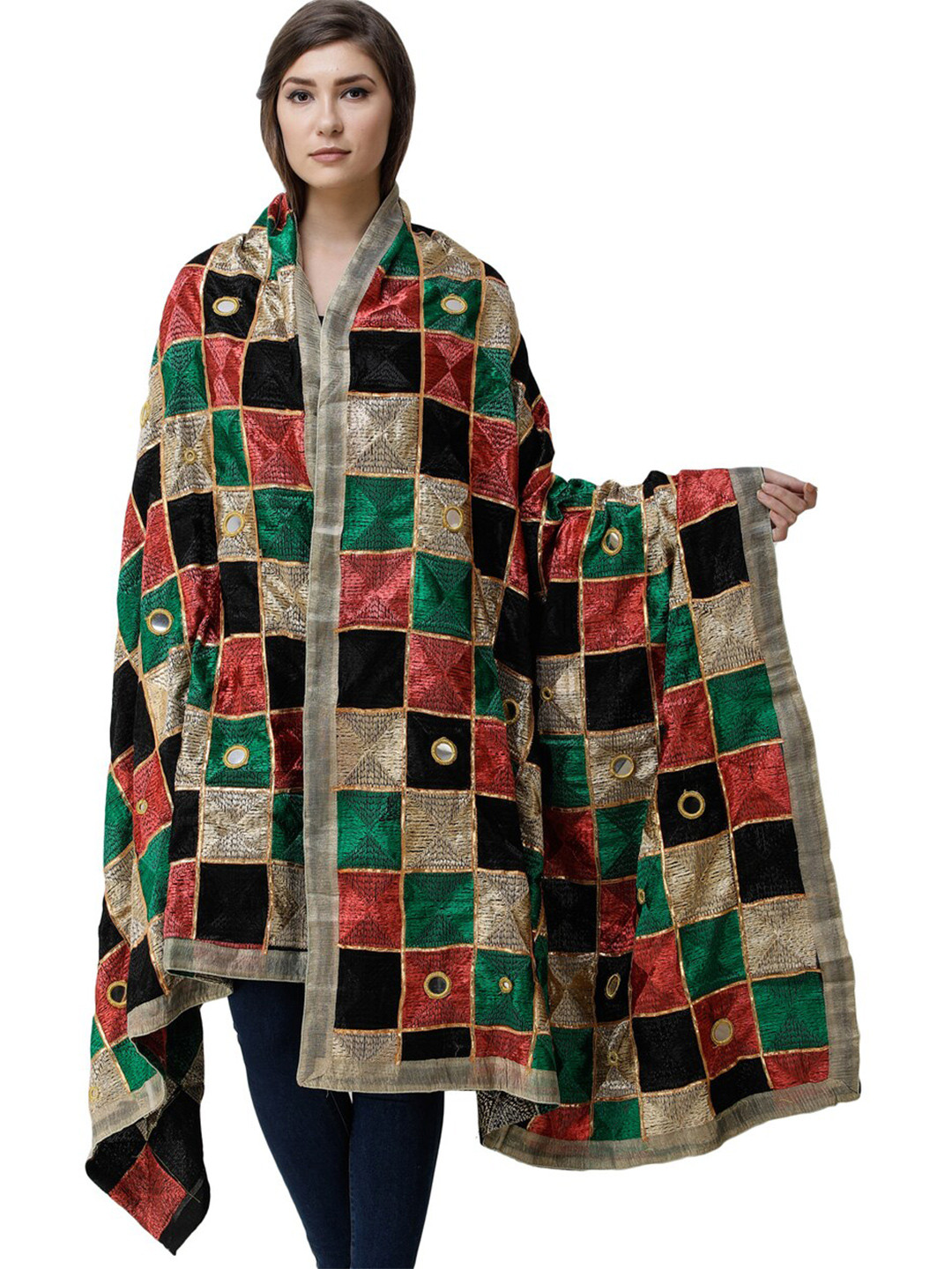 Exotic India Scarlet And Juniper Phulkari Silk Dupatta with Embroidery and Mirror