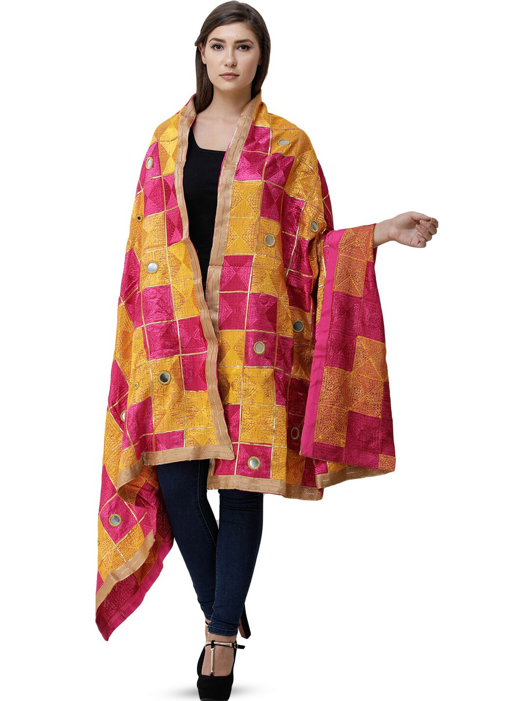 Exotic India Lilac Rose Phulkari Silk Dupatta with Embroidery All-Over and Mirror
