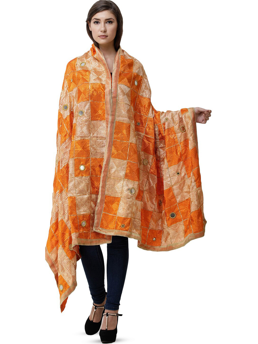 Exotic India Russet Orange Phulkari Silk Dupatta with Embroidery All-Over and Mirror