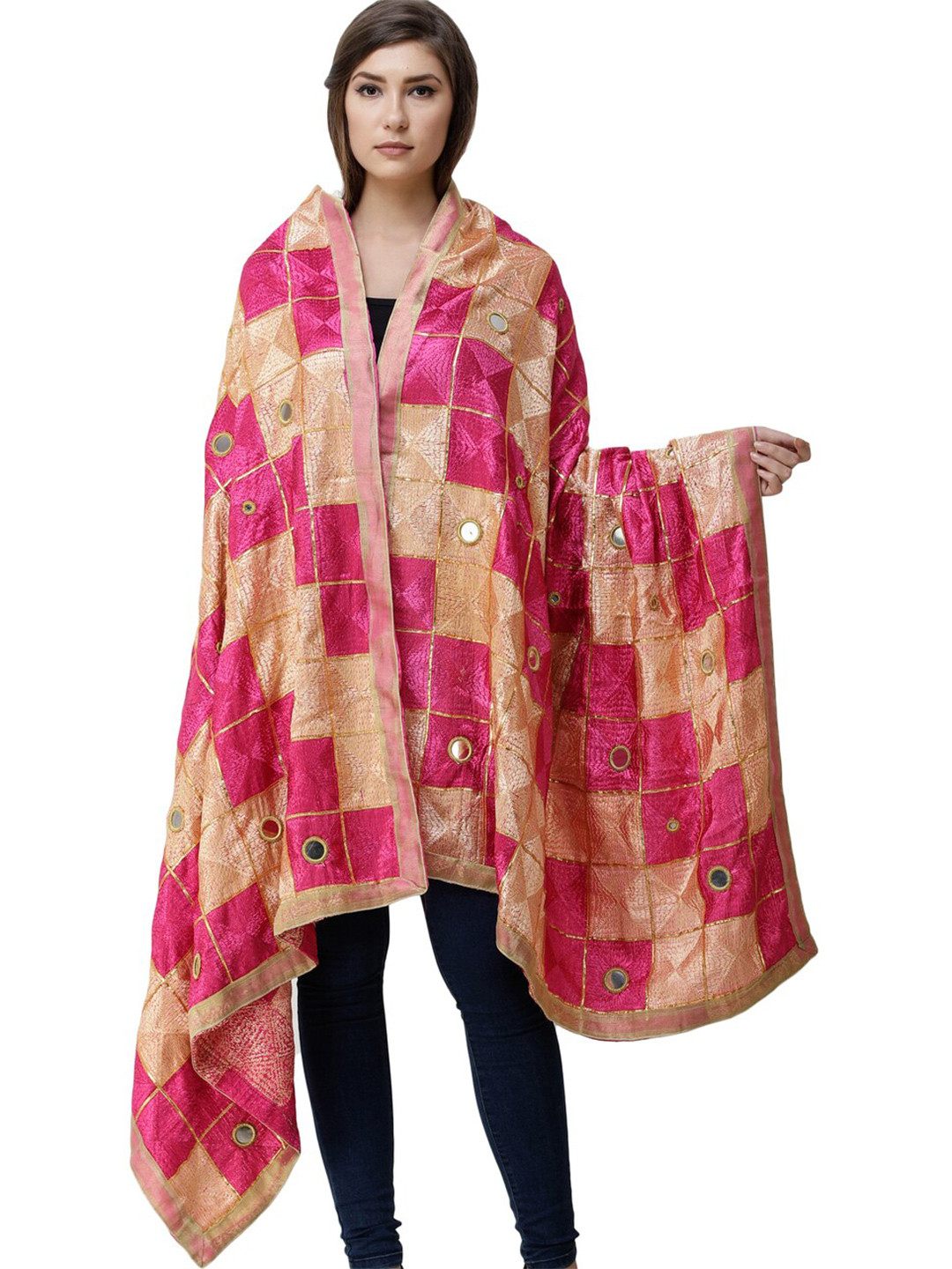 Exotic India Very Berry Phulkari Silk Dupatta with Embroidery All-Over and Mirror