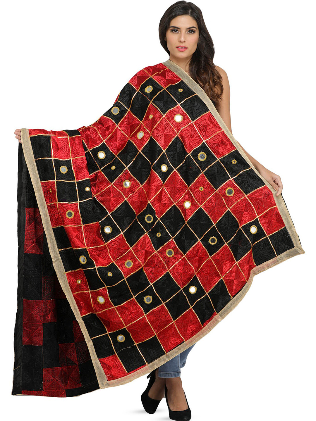 Exotic India Black And Red Phulkari Silk Dupatta with Embroidery All-Over and Mirror