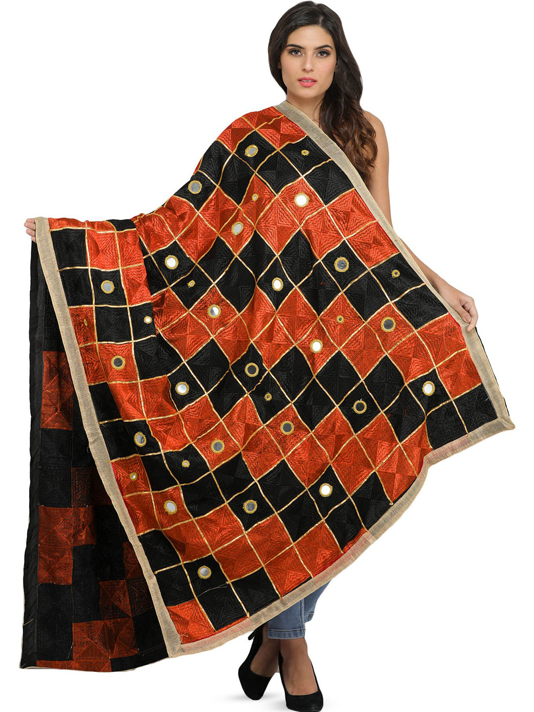 Exotic India Black And Orange Phulkari Silk Dupatta with Embroidery All-Over & Mirror