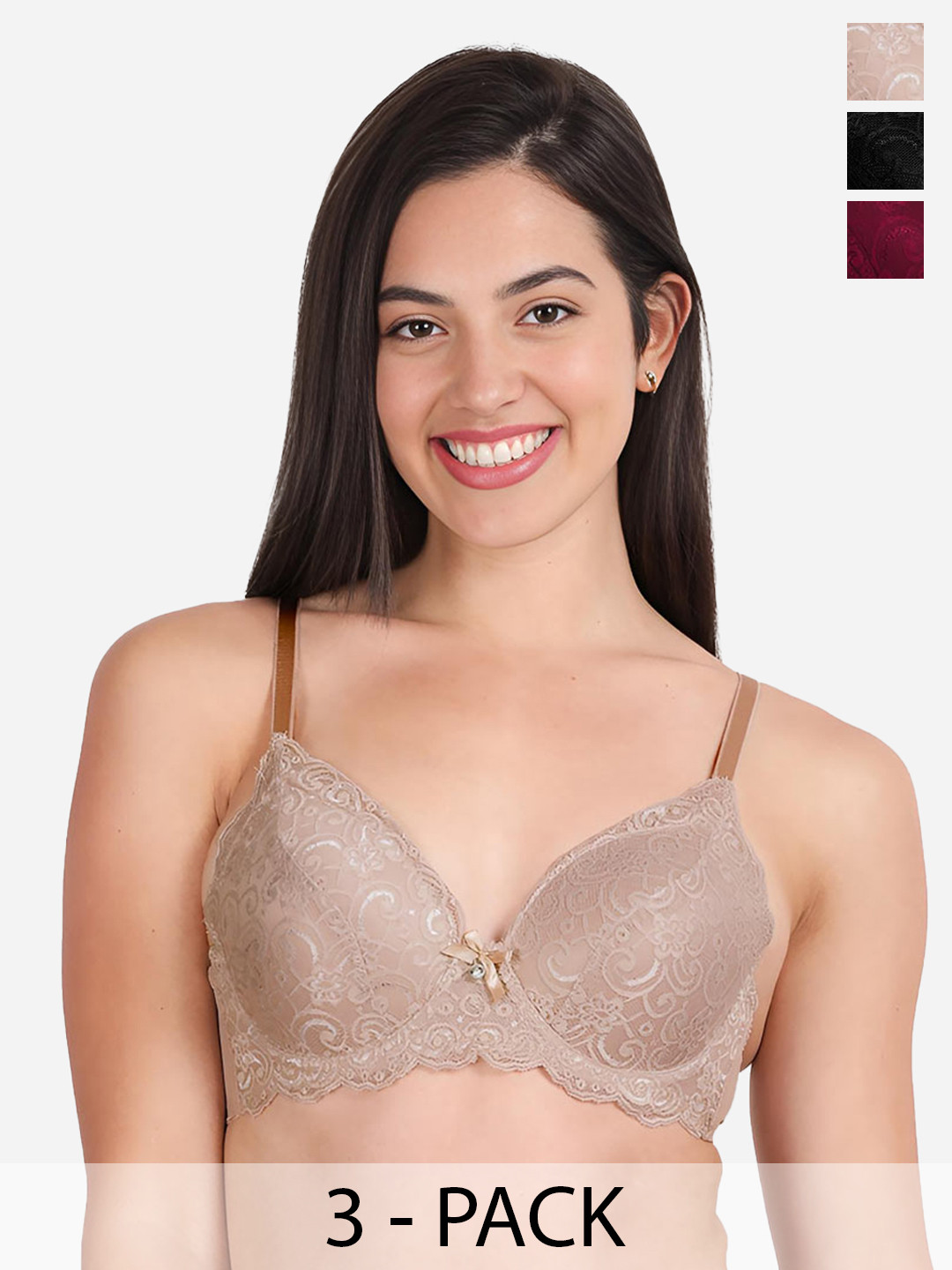 Susie Pack of 3 Floral Lace Full Coverage Lightly Padded Bras With All Day Comfort