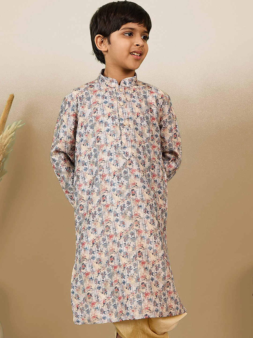 Here&Now X Sanwara Boys Floral Flared Sleeves Mandarin Collar Kaftan Kurta