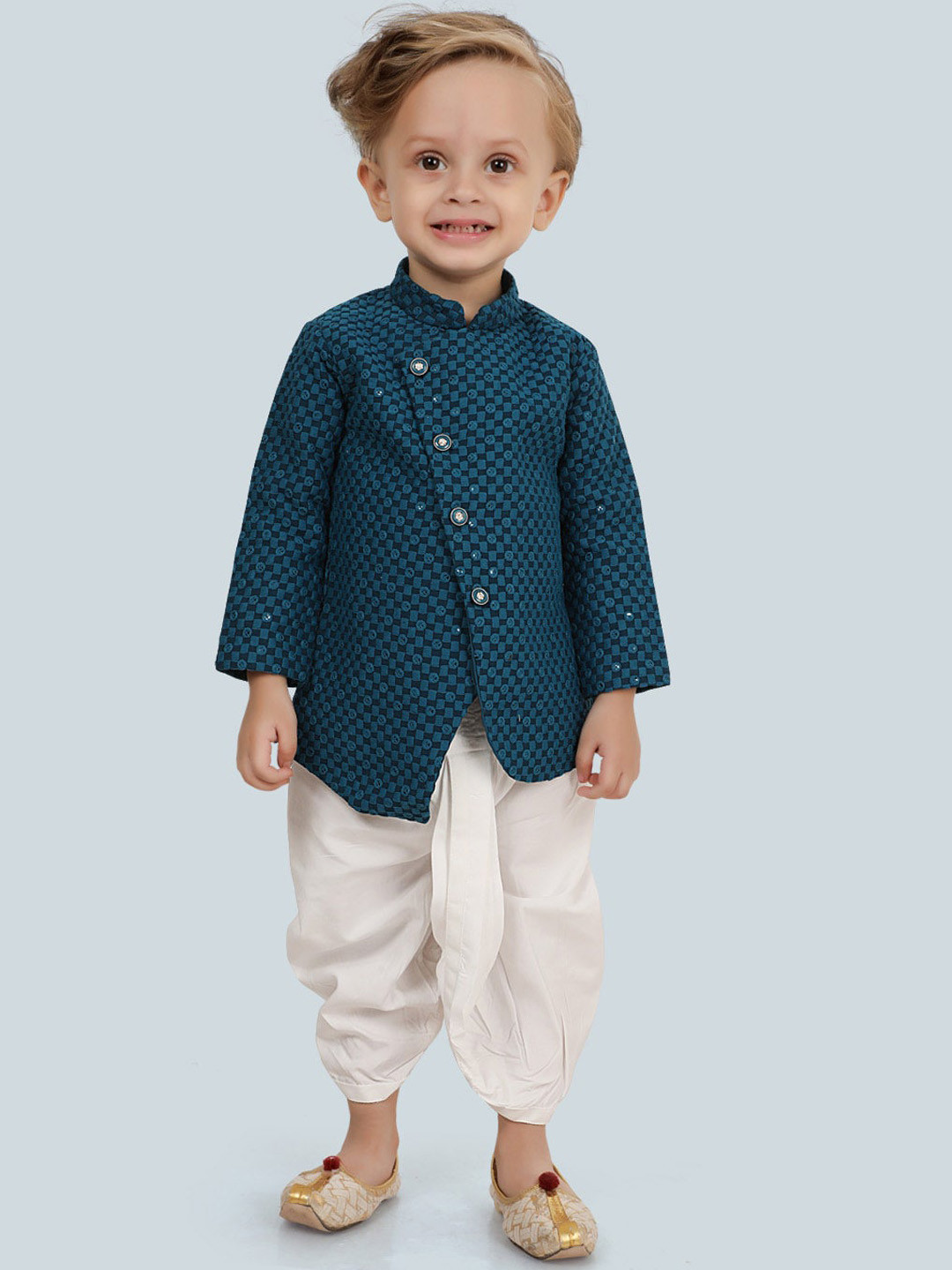 Ethniks Neu-Ron Boys Checked Mandarin Collar Sequinned Pure Cotton Kurta And Dhoti Pant