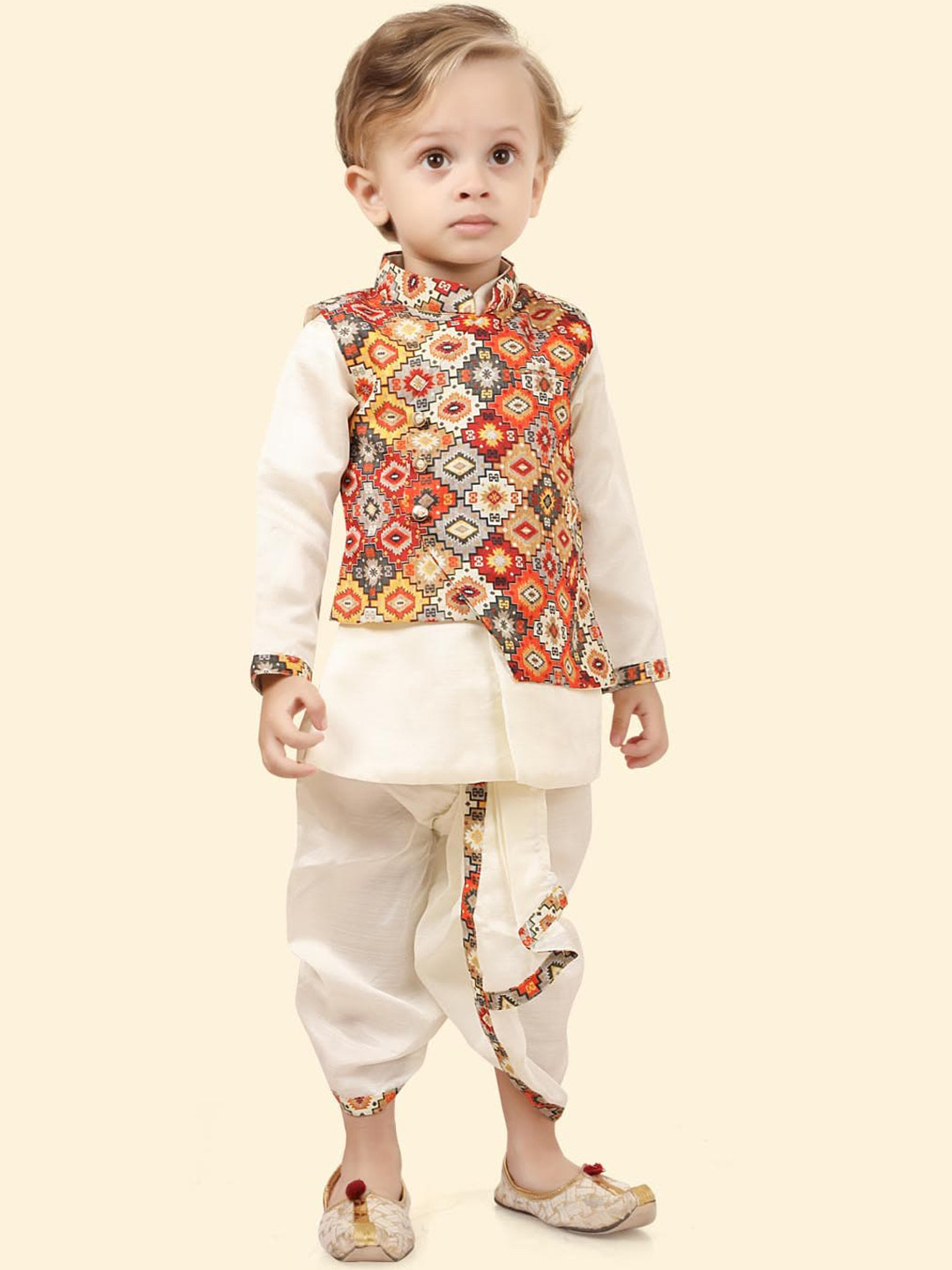 Ethniks Neu-Ron Boys Mandarin Collar Kurta & Dhoti Pants With Printed Jacket Set