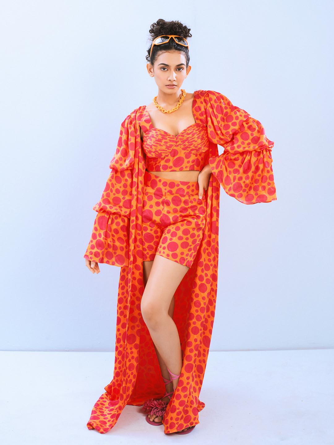 Sayaanika Bell Sleeve Crepe Top & Shorts With Shrug
