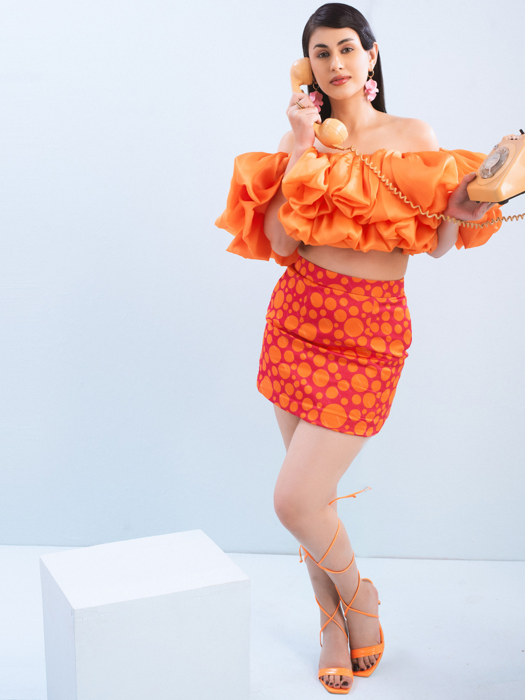 Sayaanika Floral Print Off-Shoulder Puff Sleeve Crepe Co-Ords