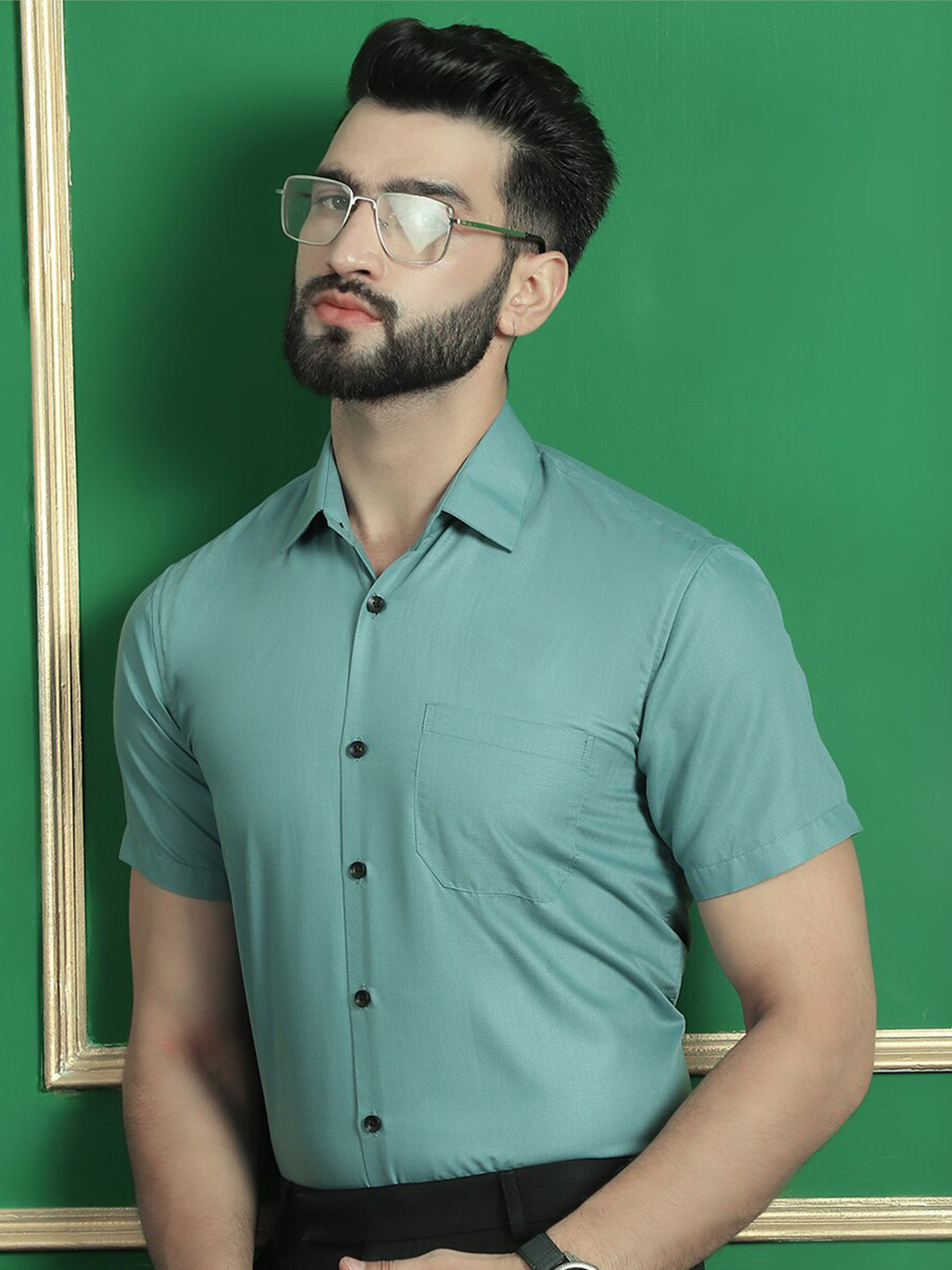 Indian Needle Classic Short Sleeves Spread Collar Cotton Opaque Formal Shirt