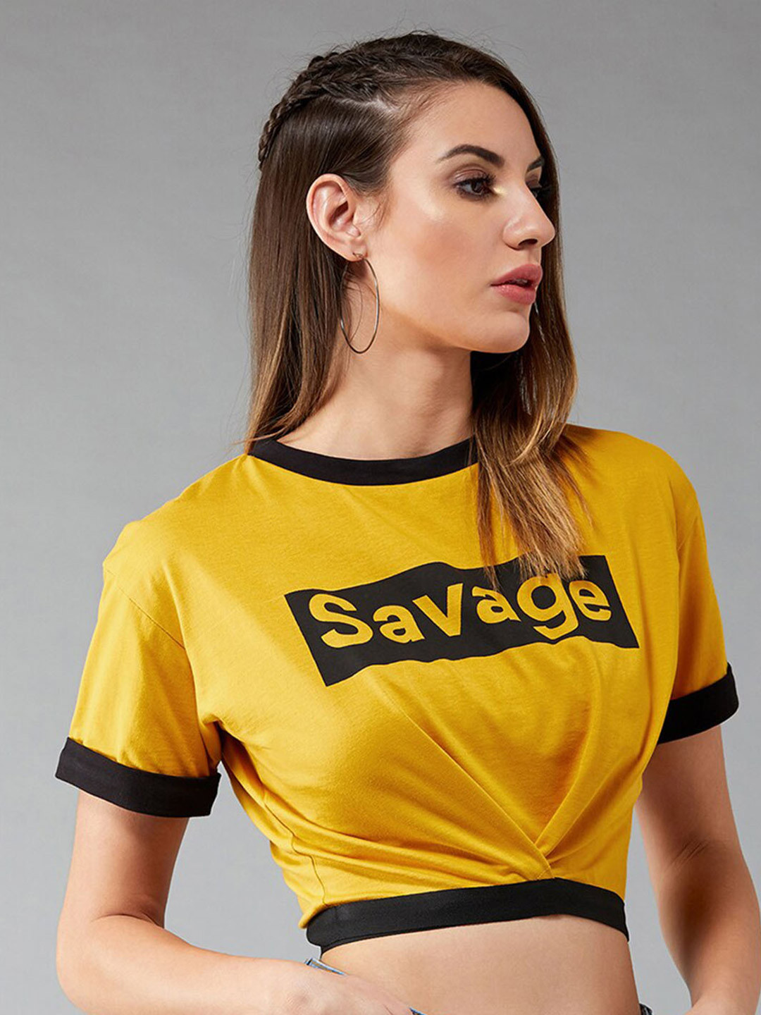 The Roadster Lifestyle Co Yellow Typography Printed Twisted Cotton Slim-Fit Crop T-Shirt