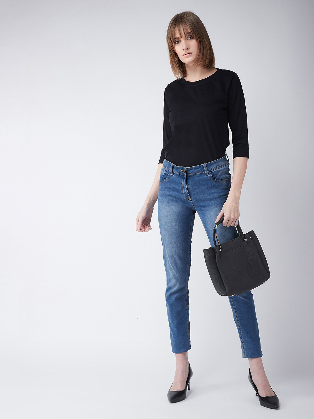 The Roadster Lifestyle Co. Women's Round Neck 3/4 Sleeves Solid Basic Top