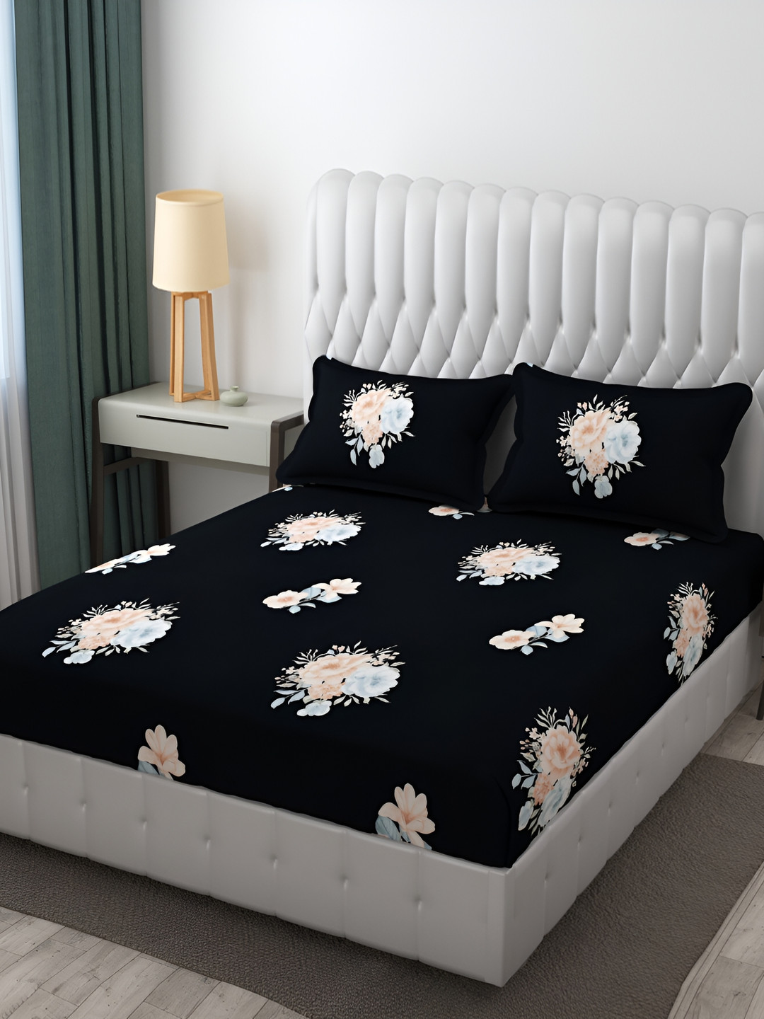 FINE TEX WORLD Black Floral Microfiber 210 TC Fitted King Fine Bedsheet with 2 Pillow Covers-182 x 198 x 20.32 cm