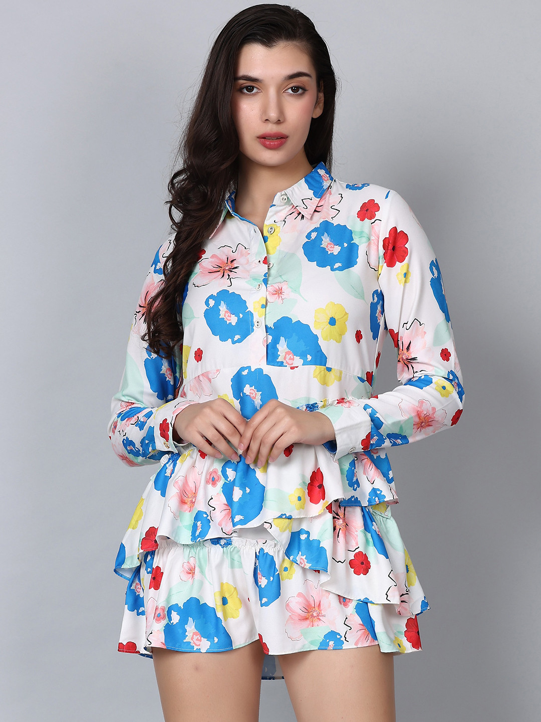 HAUTEQUE Floral Printed Shirt Collar Long Sleeves Mini Dress