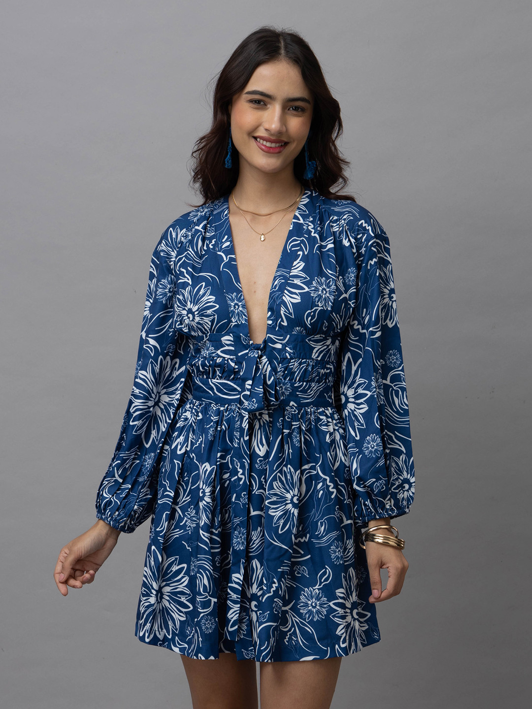 HAUTEQUE Ethnic Motifs Print Puff Sleeve Fit & Flare Mini Dress