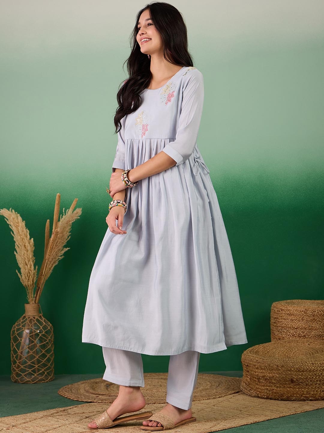 Sangria Round Neck Embroidered A Line Kurta With Trouser Set - Kurta Sets for Women 29217232 | Myntra