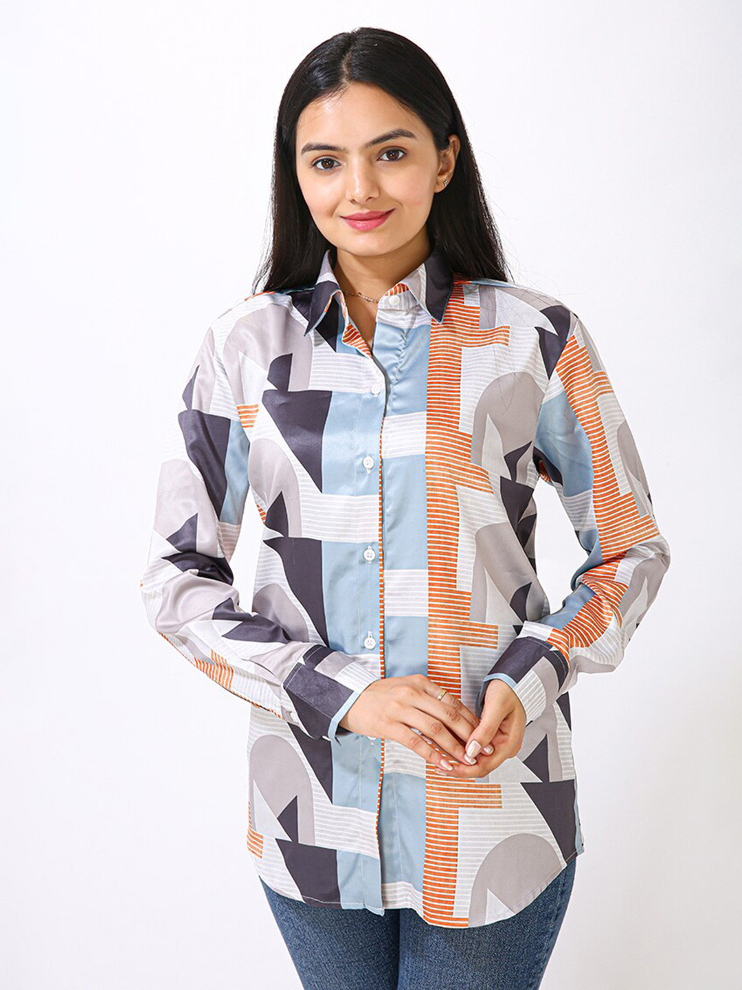 MatterBlue Printed Spread Collar Long Sleeves Satin Casual Shirt