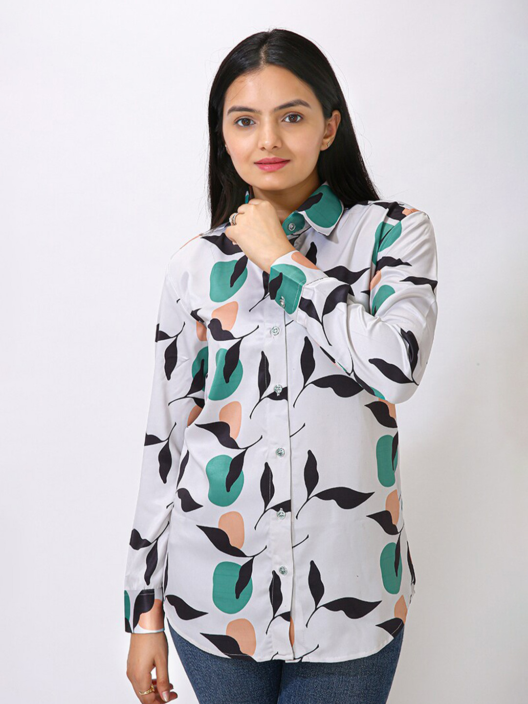 MatterBlue Printed Spread Collar Long Sleeves Satin Shirt