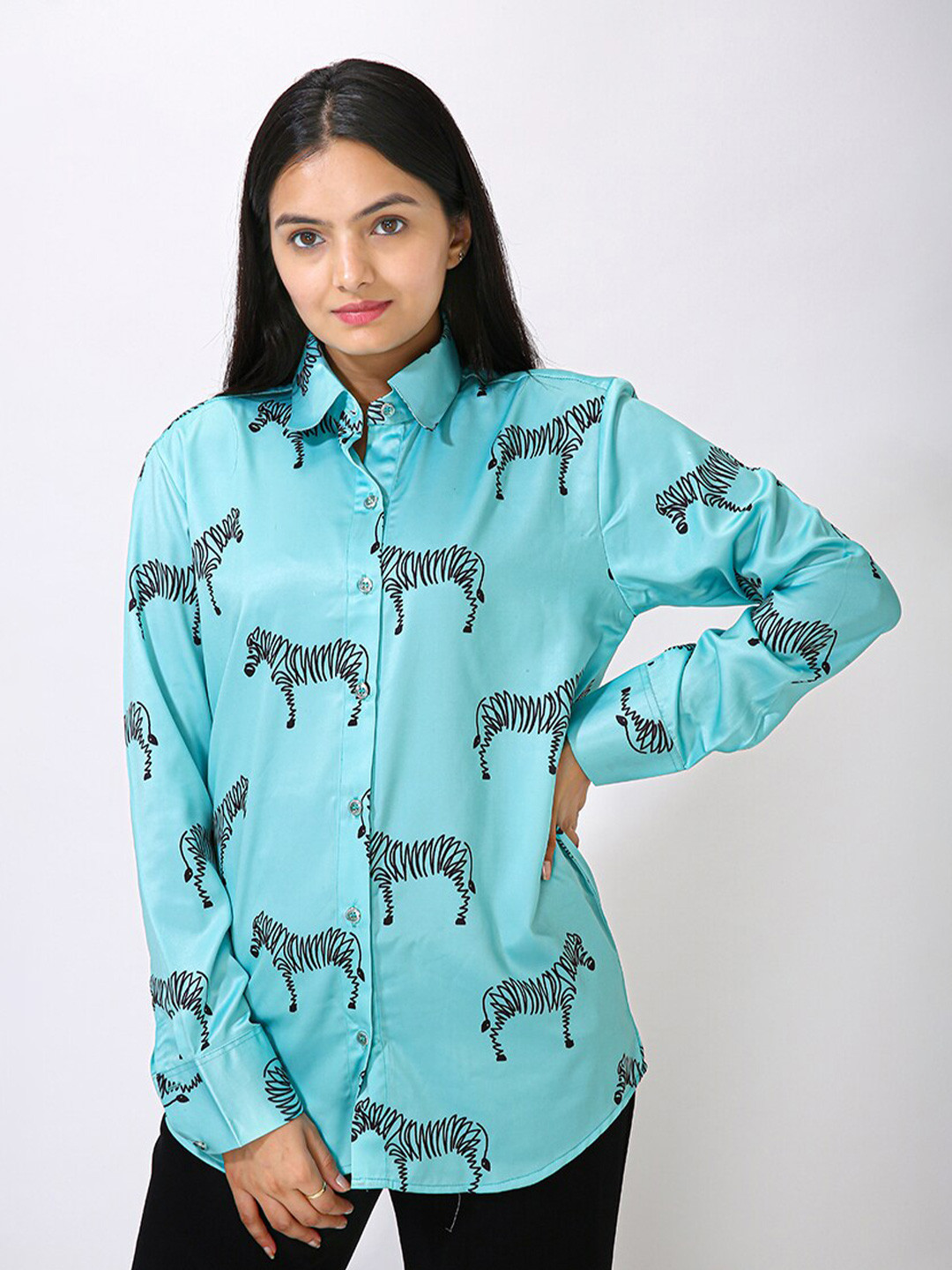 MatterBlue Printed Spread Collar Long Sleeves Satin Shirt