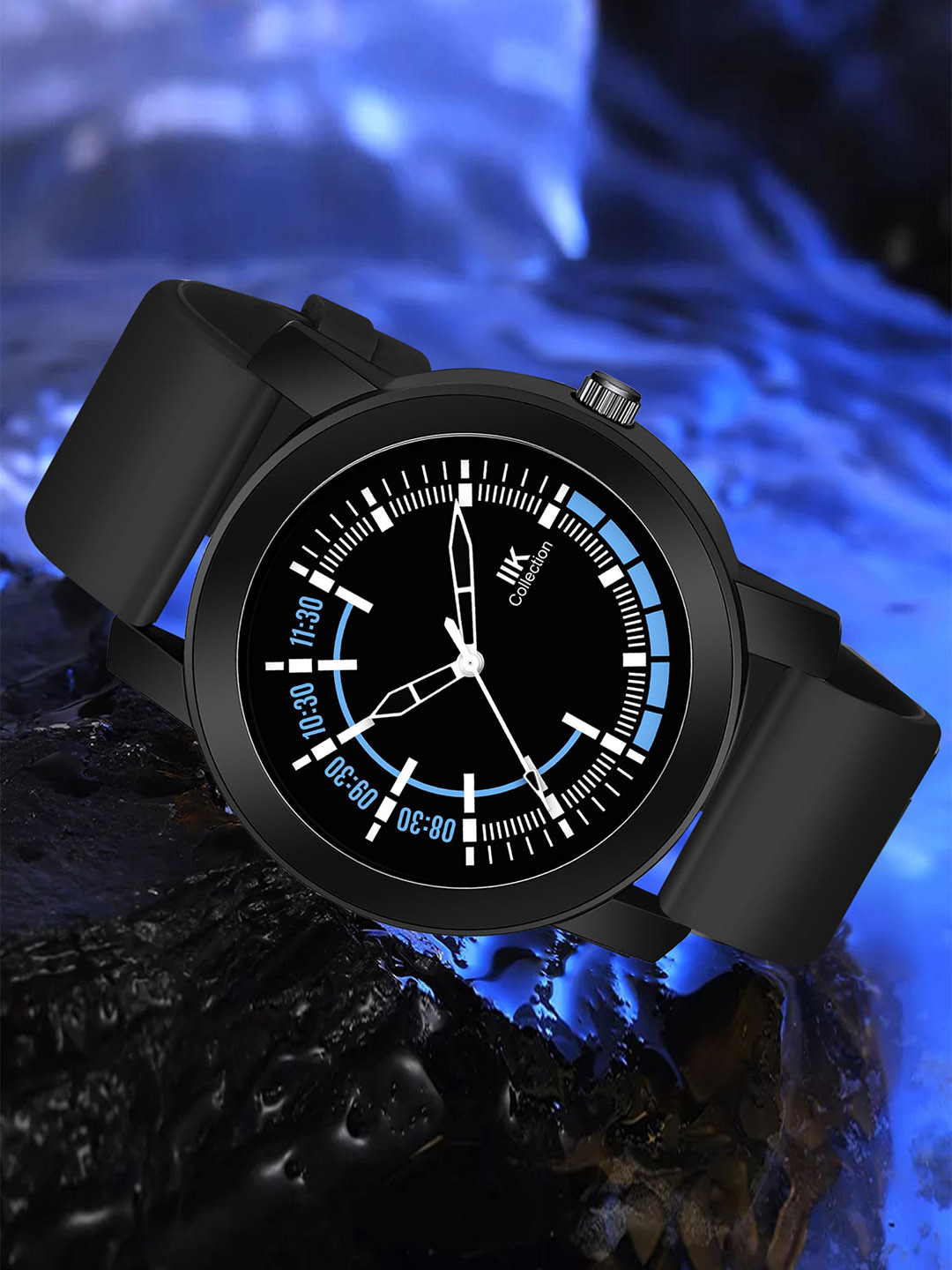 IIK COLLECTION Men Black Round Dial Adjustable Flexible Silicon Strap Watch