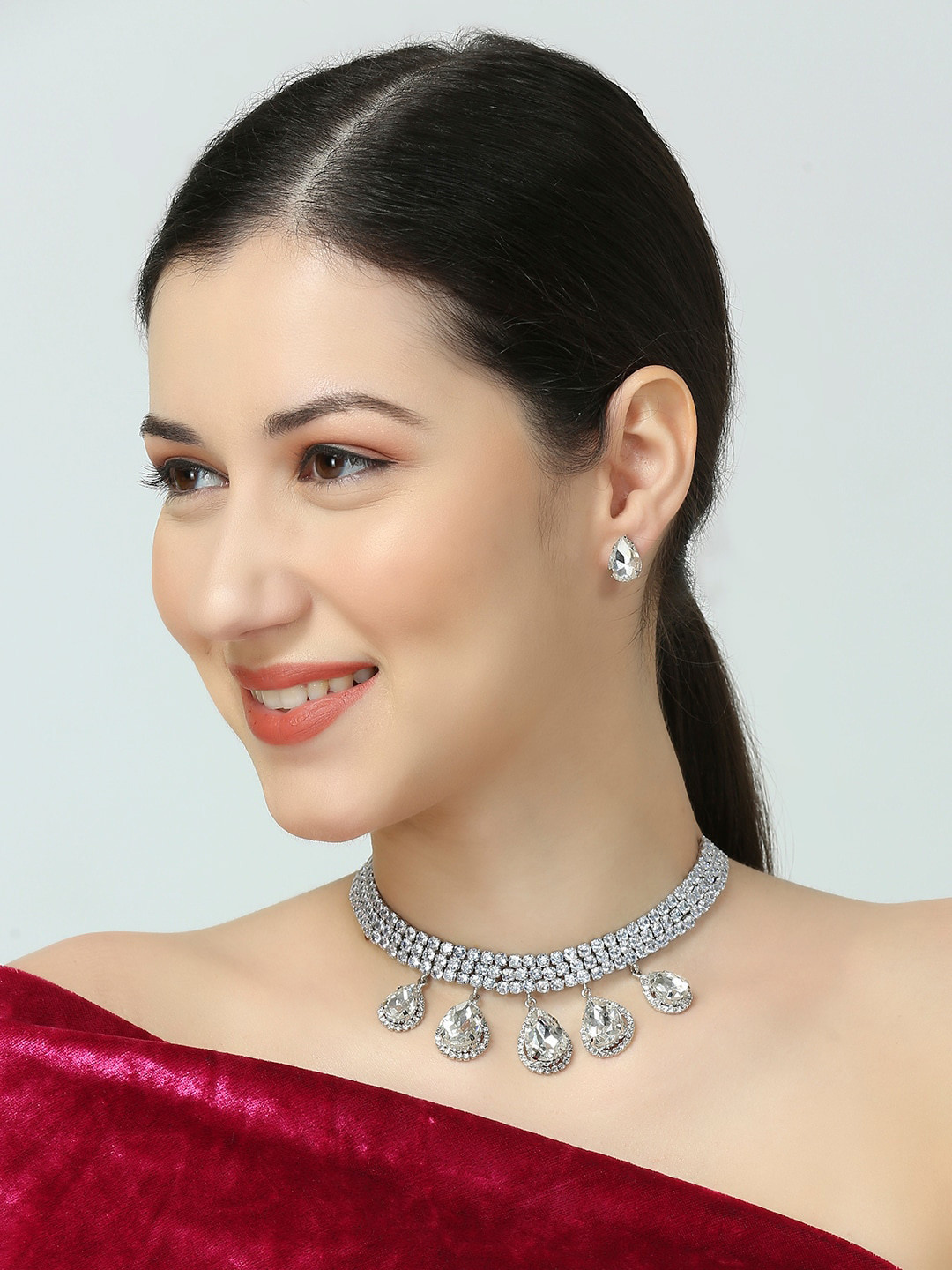 OOMPH Cubic Zirconia Studded Teardrop Statement Jewellery Set
