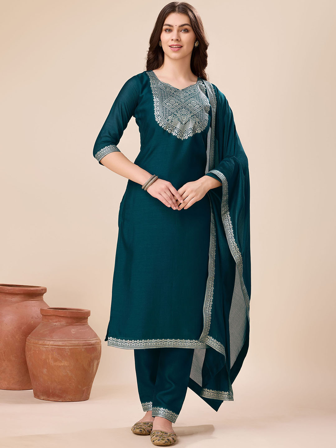 MOJILAA Yoke Design Regular Kurta with Trousers & Dupatta