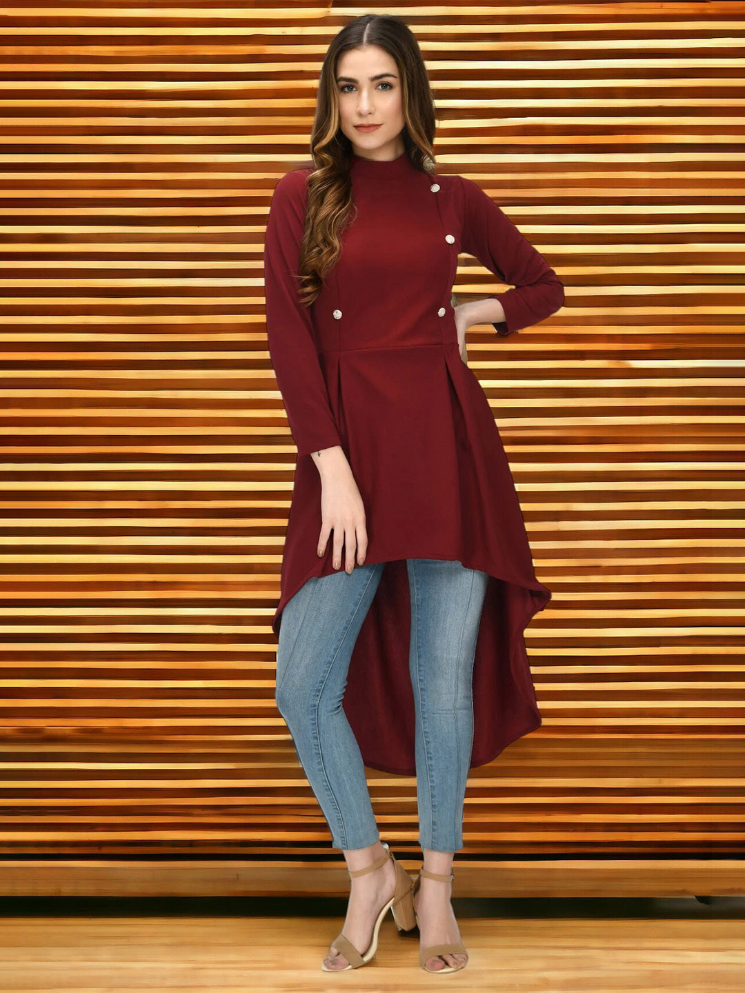 BAESD Striped High Neck High-Low Longline Top