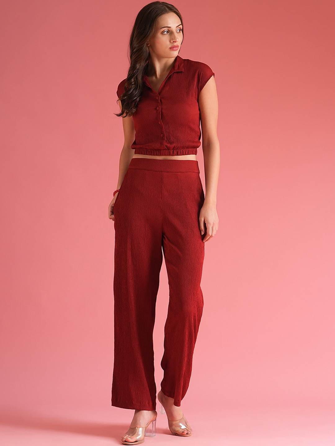 Globus Self Design Summer Shirt Style Crop Top With Trouser Co-Ord Set