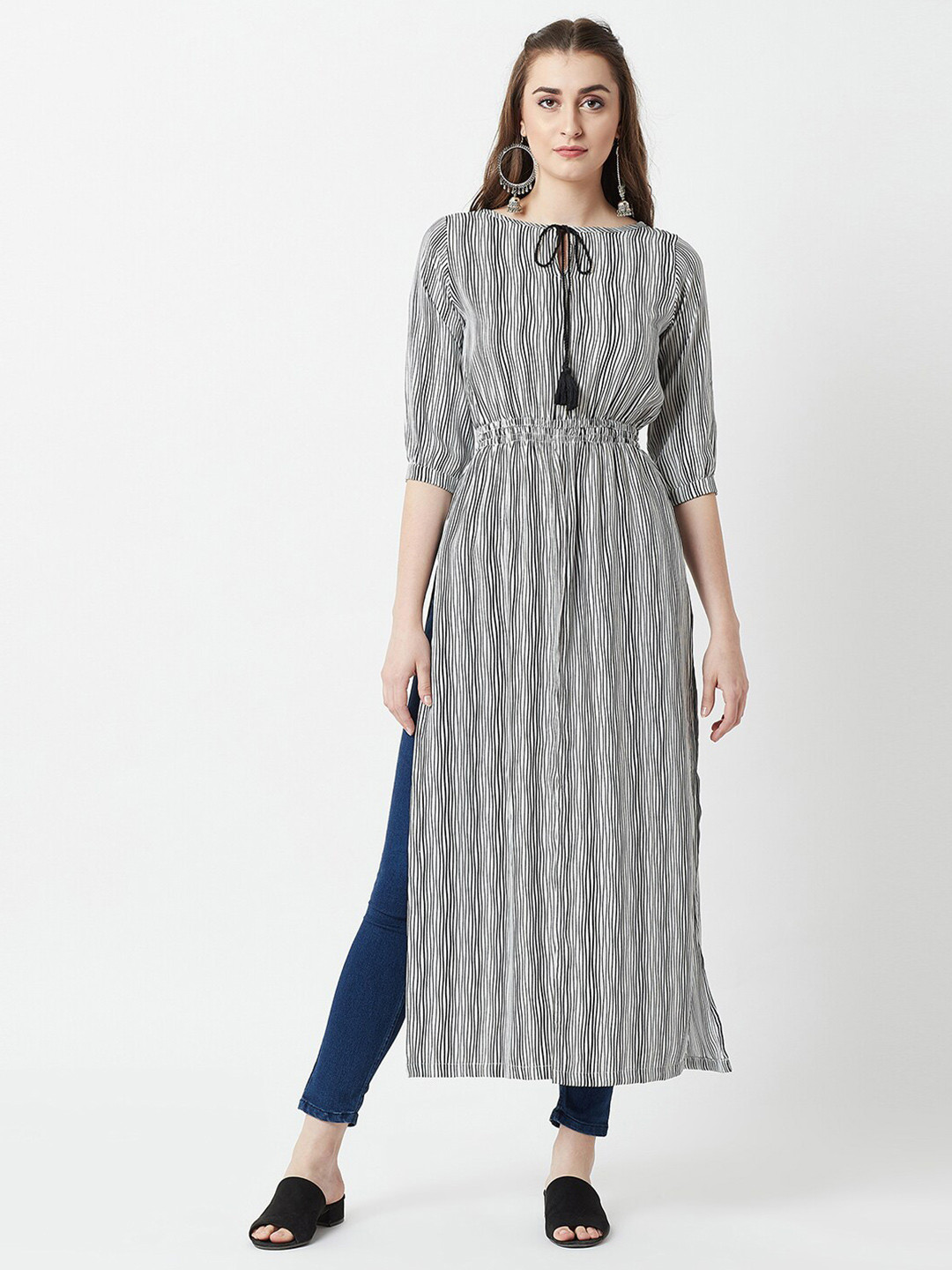 Women's Black & White Round Neck 3/4 Sleeve Striped Tassel Tie-Up Detailing Maxi Top