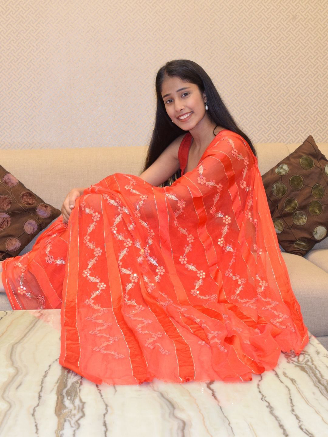 PRETTY PALLU Floral Mirror Work Linen Blend Saree