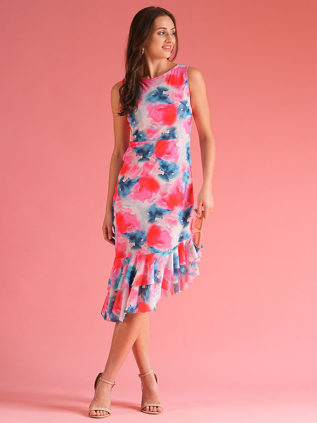 Globus Stretchable Ruffle Detail Asymmetric Hem Midi Bodycon Party Dress