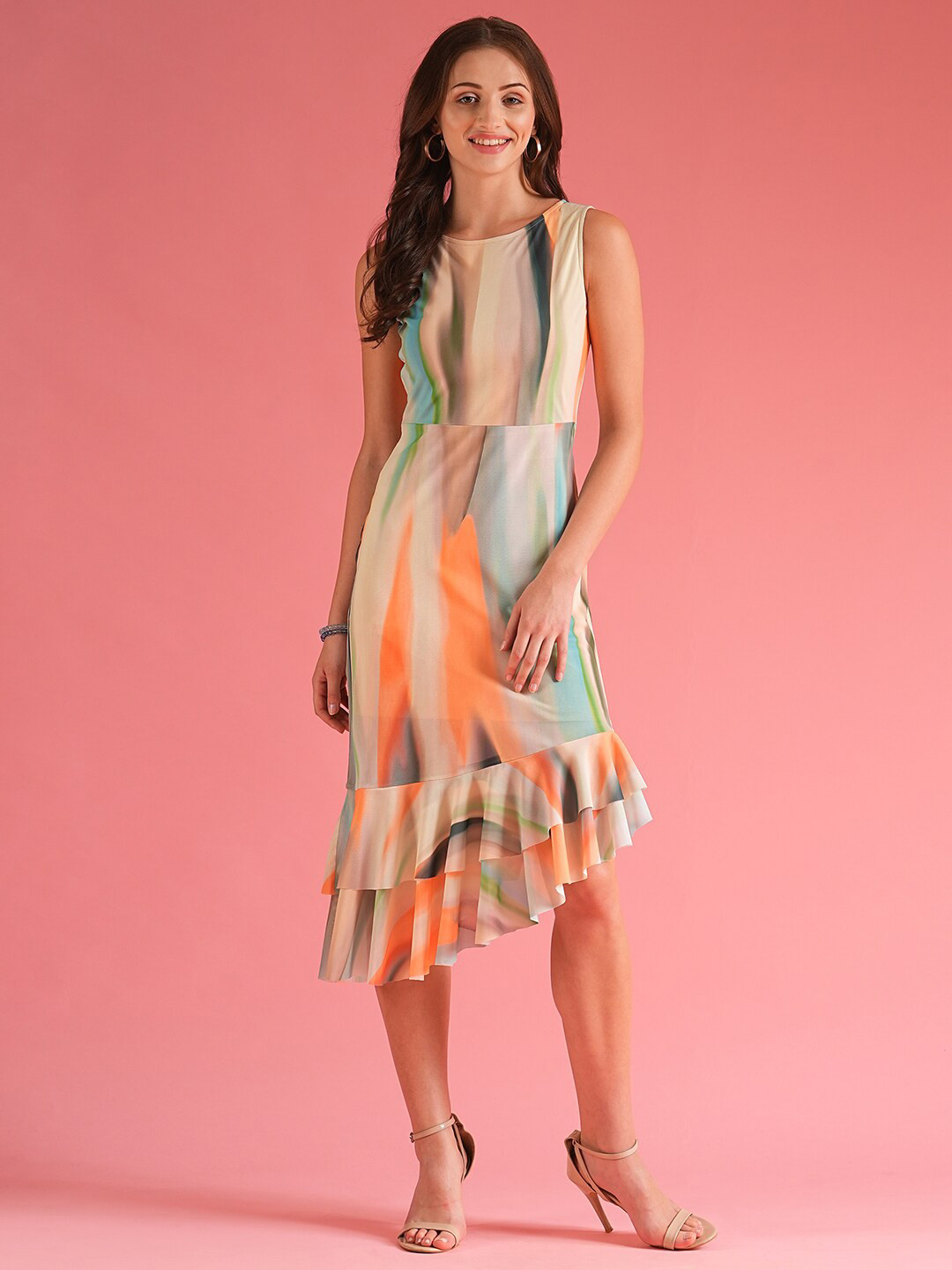 Globus Women Ruffle Asymmetric Hem Sheath Midi Dress