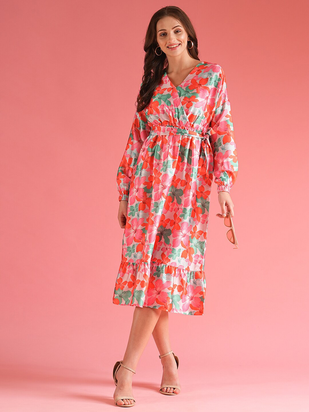 Globus Red Floral Print Satin Tie-Ups Midi Dress