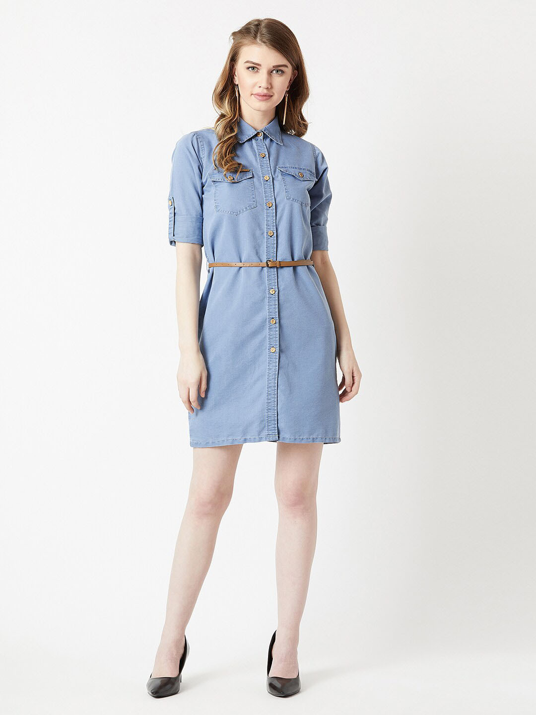 Chemistry Women Polo Neck Rolled Up Full Sleeve Denim Solid Buttoned A-Line Mini Dress