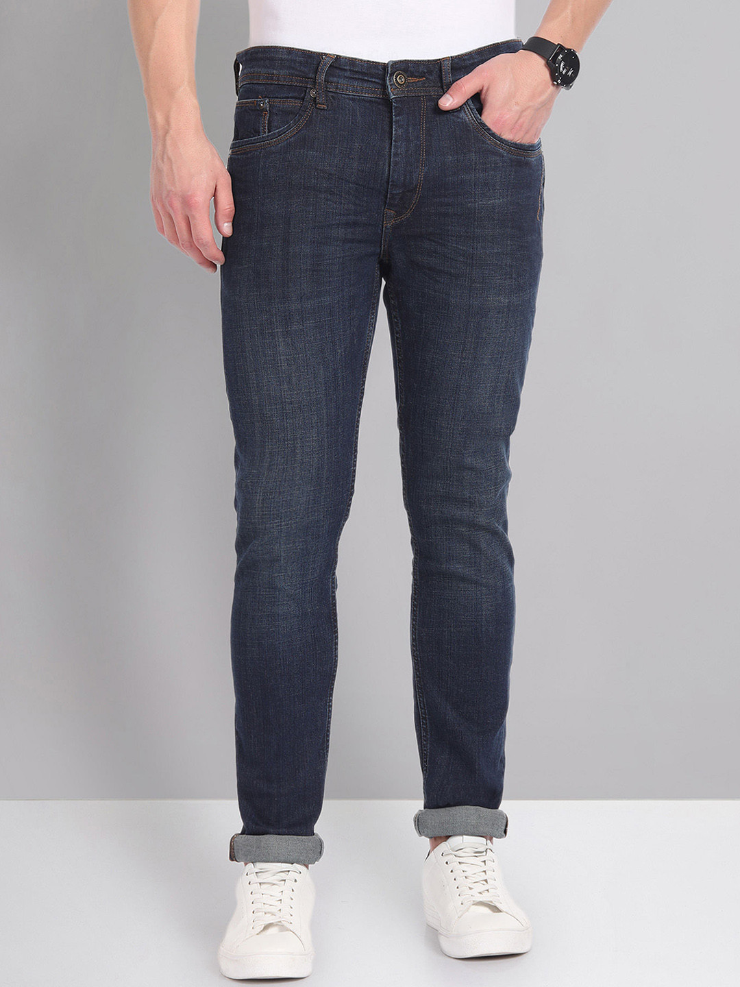 AD By Arvind Men Slim Fit Mid-Rise Dark Shade Light Fade Clean Look Stretchable Jeans