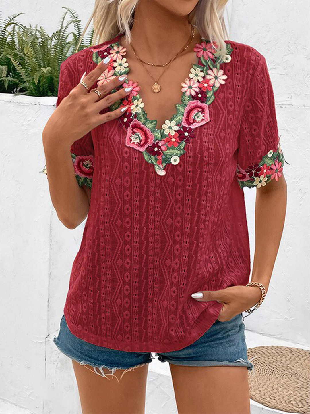 Buy StyleCast x Revolte Maroon Floral Embroidered V Neck Top 
