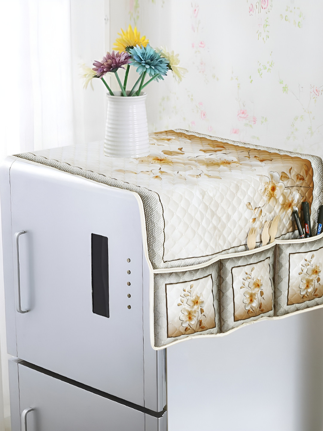 hargunz Off White & Cream Coloured Printed Refrigerator Top Cover