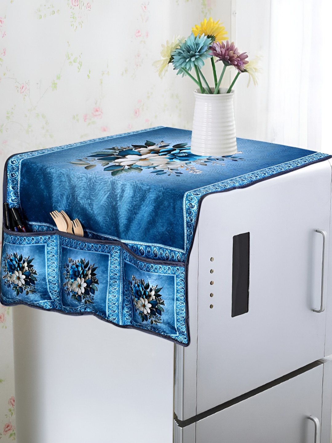 hargunz Blue & Grey Printed Refrigerator Top Cover