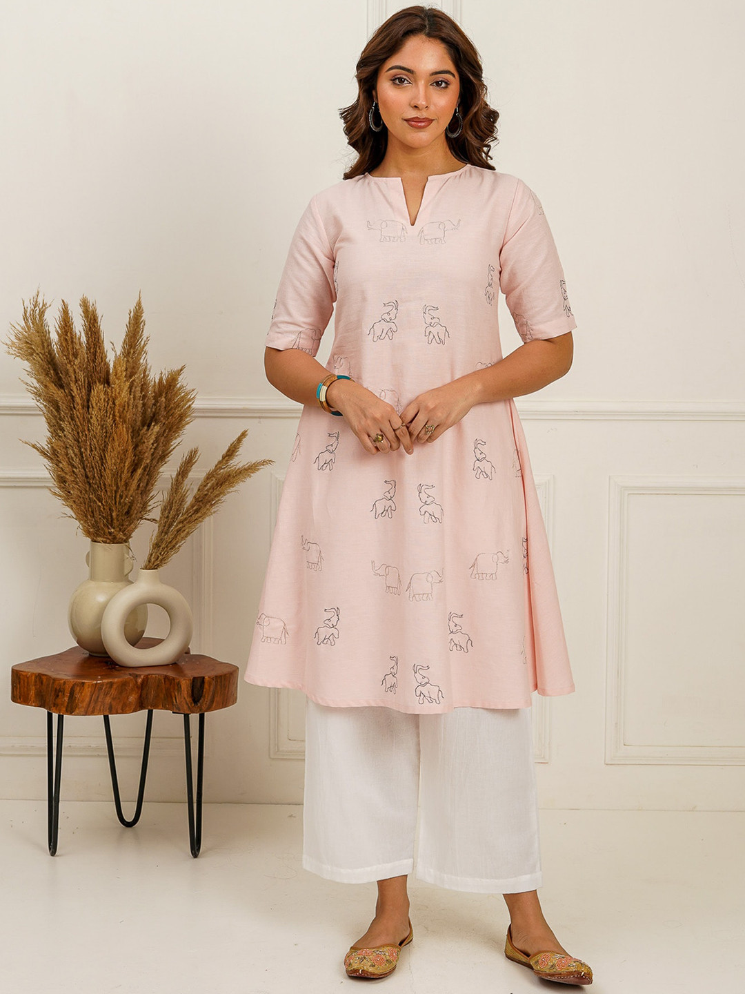 SPARROW Ethnic Motifs Embroidered Pastel Cotton Anarkali Kurta