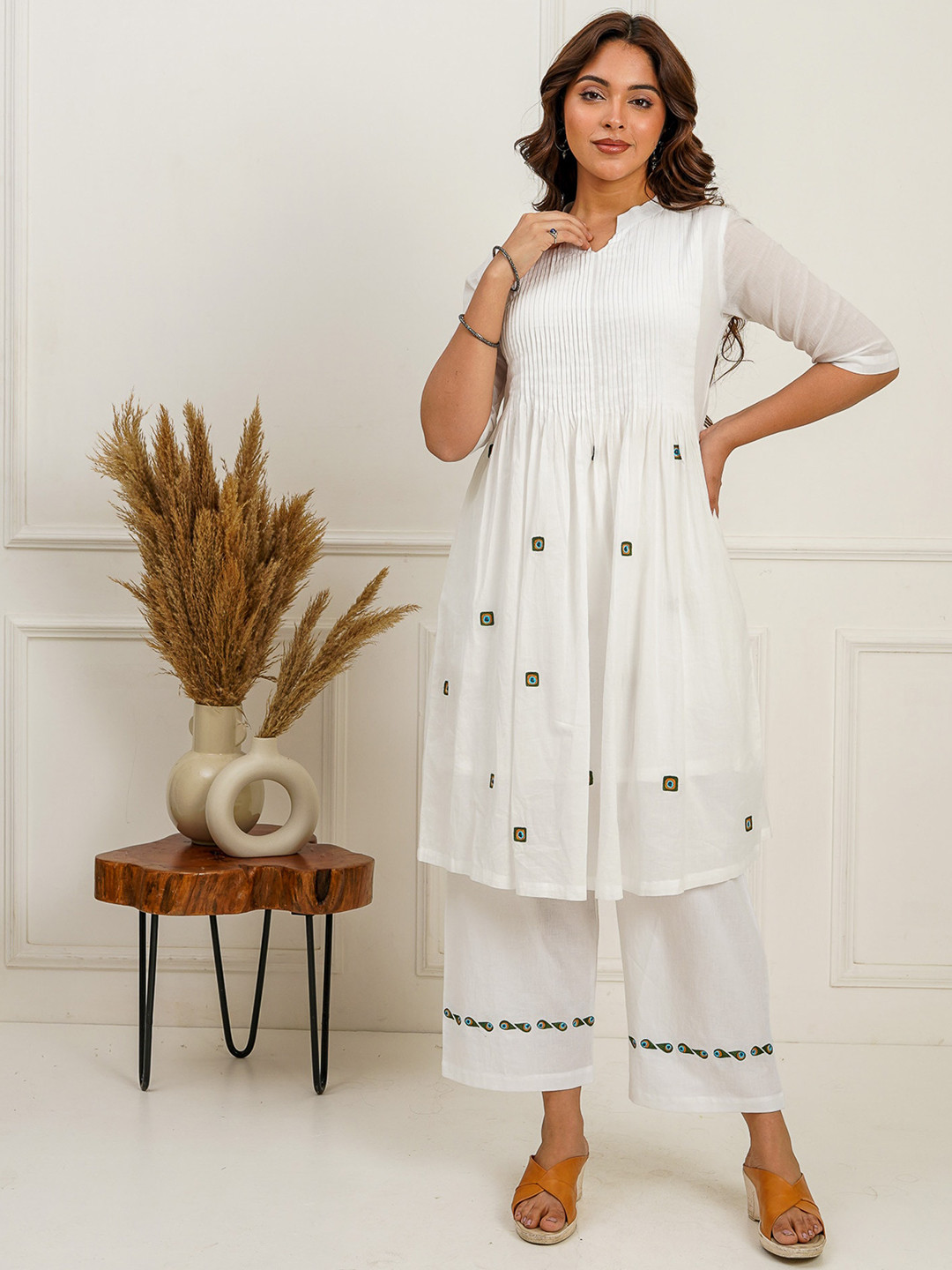 SPARROW Ethnic Motifs Embroidered Pure Cotton Pleated  A-Line Kurta With Trousers