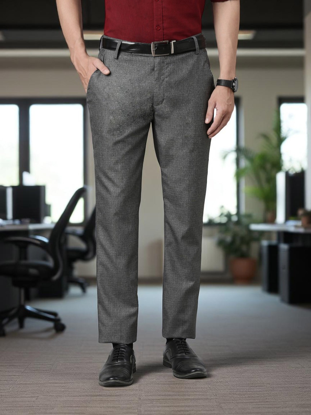THE SOUL PATROL Textured Smart Slim Fit Mid-Rise Cotton Trousers