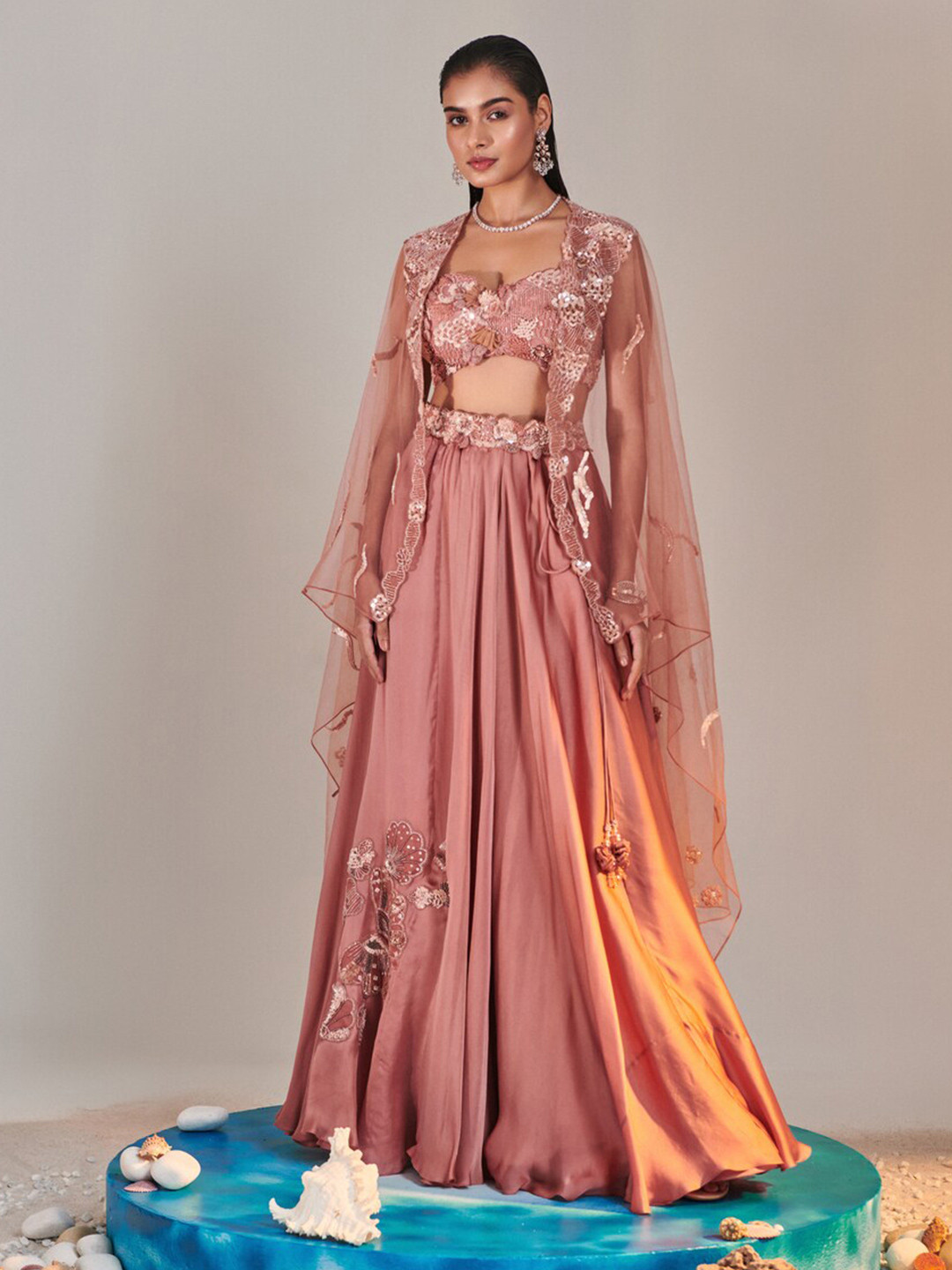 ONE KNOT ONE Embellished Beads and Stones Made to Measure Lehenga With Blouse & Cape Set