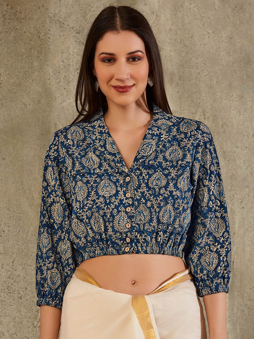SALWAR STUDIO Floral Printed Notched Lapel Collar Cotton Saree Blouse