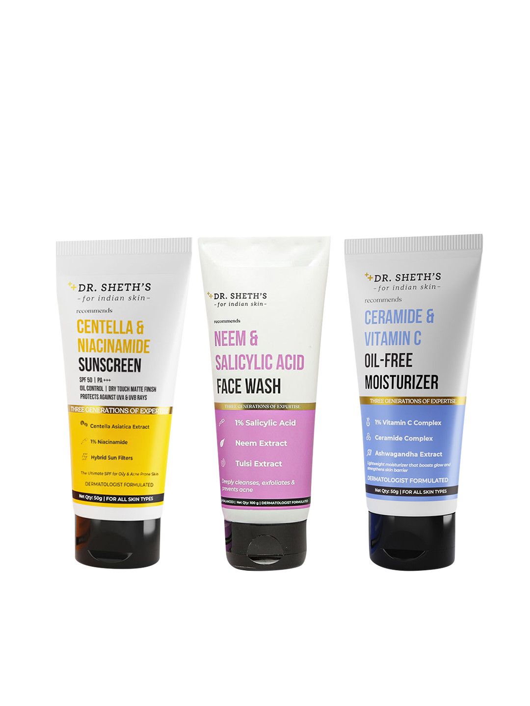 DR. SHETHS Neem & Salicylic Acid Face Wash + Ceramide & Vit C Moisturizer + Sunscreen